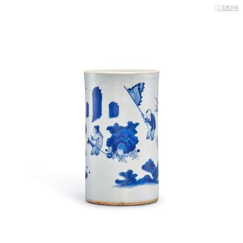 <br />
A blue and white 'boys and hobby horse' brushpot, Tra...