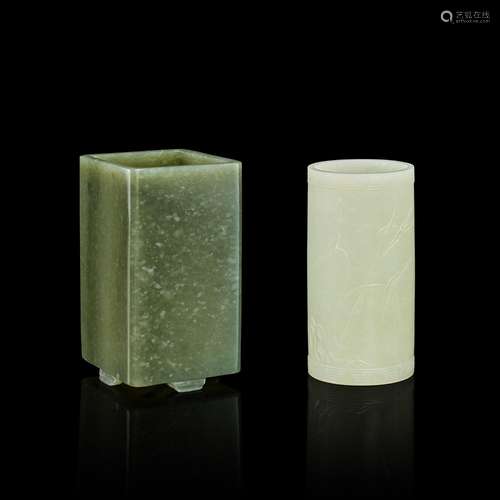 <br />
An imperial Khotan-green jade square brushpot and a p...