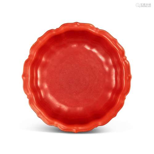 <br />
A rare coral-red glazed lobed basin, Qing dynasty, 18...