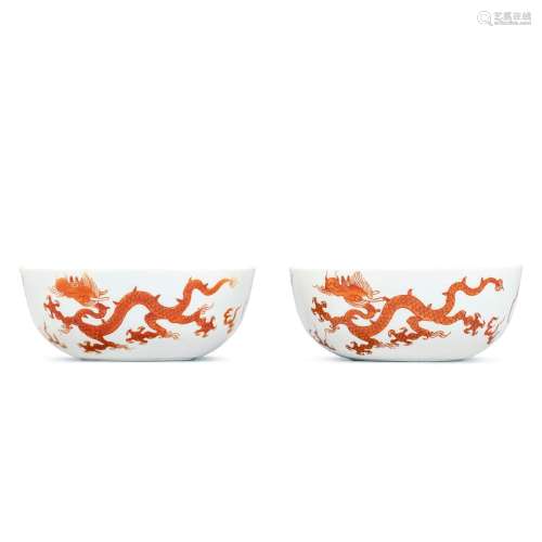 <br />
A pair of iron-red 'dragon' cups, Qing dynasty, 19th ...