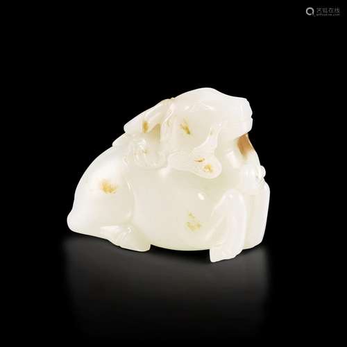 <br />
A white and russet jade 'deer and lingzhi' group, Qin...