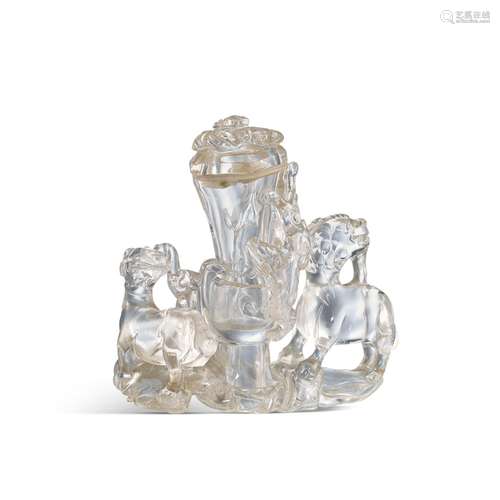 <br />
A carved rock crystal 'three rams' vase and cover, Qi...