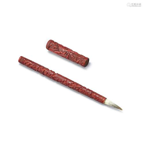 <br />
A cinnabar lacquer 'floral' brush and a cover, Qing d...