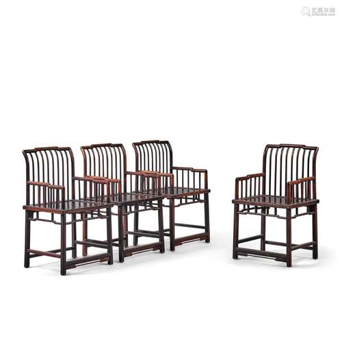 <br />
A set of four hongmu low-back armchairs, Qing dynasty...