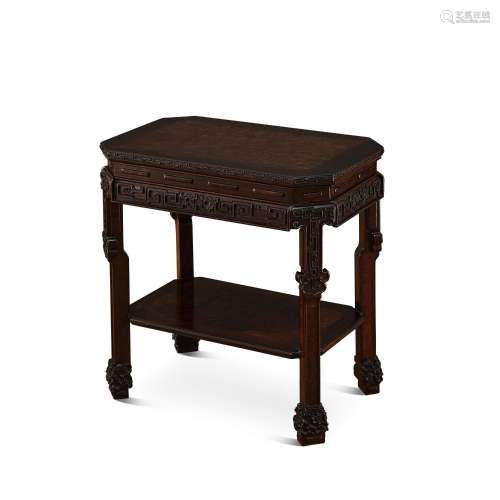 <br />
A rosewood and burldwood 'archaistic' low table 紅酸枝...