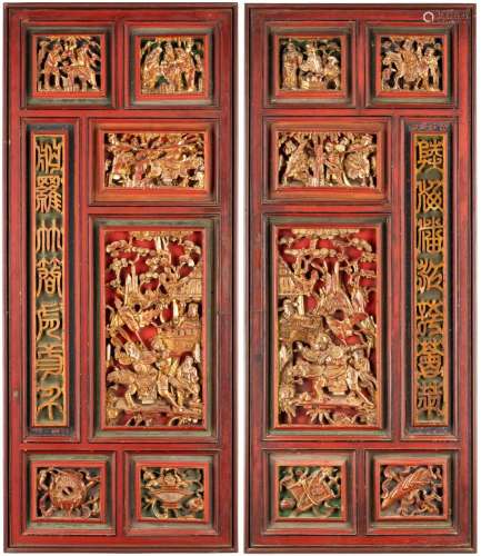 金漆木雕人物门板 （一对）<br />
中国