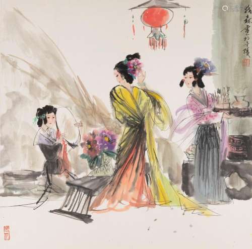 盖茂森 人物 镜心<br />
中国<br />
纸本设色。绘美人三人