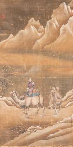 丁观鹏款 骑骆驼者 镜框<br />
中国<br />
绢本设色。落款“臣丁观...