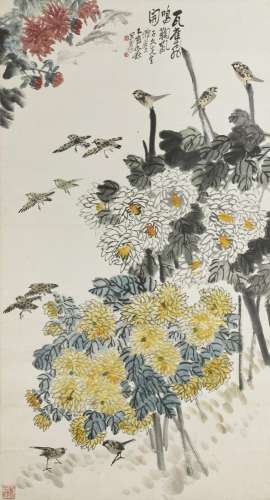 WANG ZHEN (1867-1938) Chrysanthemum and Sparrows