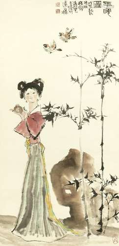 CHENG SHIFA (1921-2007) Girl, Bamboo and Two Sparrows