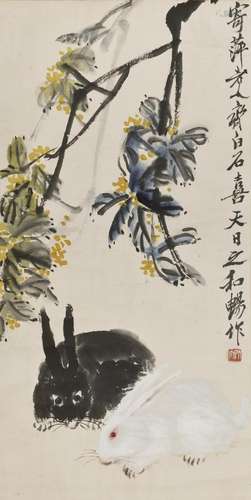 QI BAISHI (1864-1957) Two Rabbits Under Osmanthus