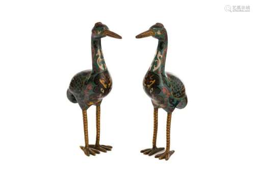 PAIR OF CHINESE BLUE CLOISONNE GILT WIRE CRANES