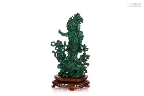 A CHINESE MALACHITE CARVED GUANYIN WITH ATTENDANT