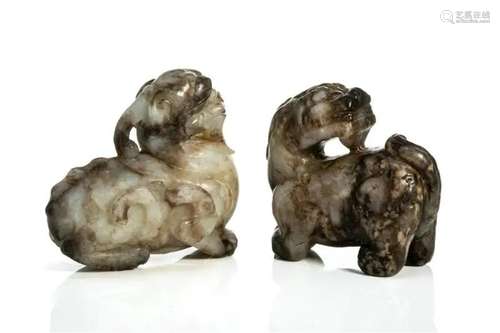 TWO CHINESE 18TH C JADE CARVED MYTHICAL BEASTS