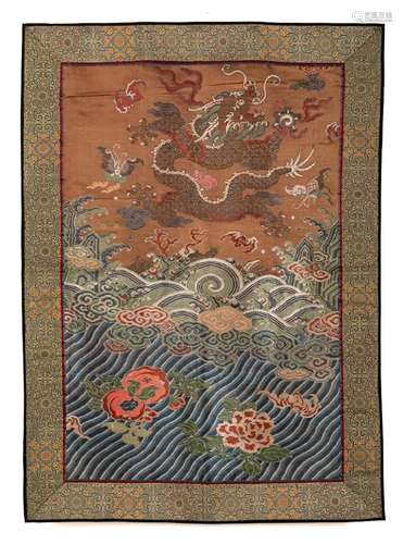 A CHINESE DRAGON & WAVES SILK EMBROIDERED PANEL