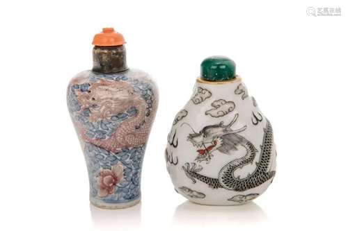 TWO CHINESE DRAGON PORCELAIN SNUFF BOTTLES