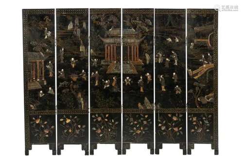 CHINESE SIX PANEL LACQUERED &NATURAL INLAID SCREEN