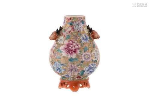 A CHINESE MILLEFLEUR PORCELAIN HU VASE ON BASE