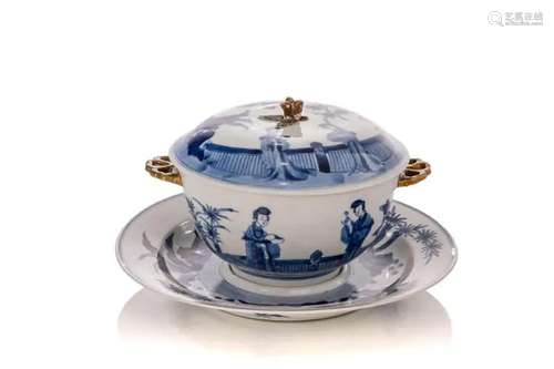 A CHINESE BLUE AND WHITE COVERED BOWL AND SAUCER