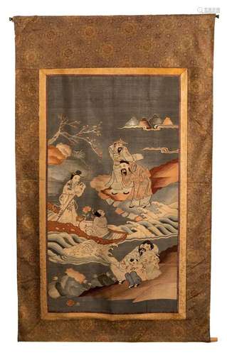 A CHINESE BLUE GROUND KESI SILK PANEL OF IMMORTALS