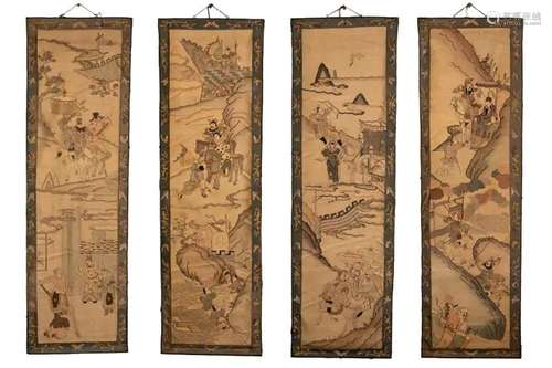 SET OF FOUR CHINESE KESI SILK BATTLE SCENE PANELS