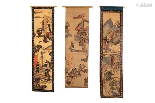 THREE CHINESE SILK KESI FIGURAL SCREEN PANELS