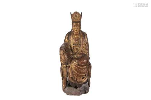 LARGE CHINESE GILT & LACQUERED CARVED WOOD BUDDHA