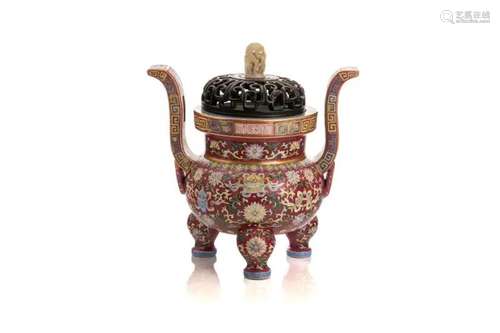 A RARE CHINESE FAMILLE ROSE TRIPOD CENSER