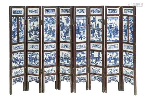 CHINESE EIGHT-PANEL BLUE & WHITE PORCELAIN SCREEN