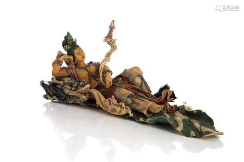 CHINESE PAINTED & NATURAL CARVED RECLINING GUANYIN