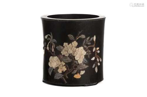 A CHINESE MOTHER OF PEARL INLAID WOOD BRUSH POT