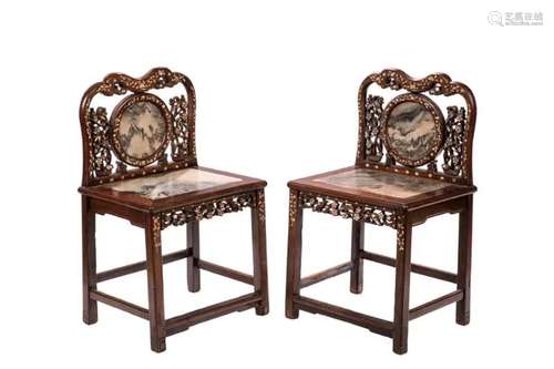 PAIR OF CHINESE MARBLE INLAID HAND WOOD CHAIRS