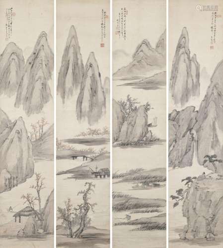 梁于渭（1844-1917）  山水四屏