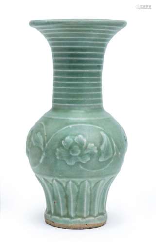A CHINESE MOULDED LONGQUAN CELADON VASE, YUAN DYNASTY (1279-...