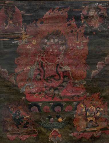 A TIBETAN FRAMED THANGKA PAINTING DEPICTING HAYAGRIVA, CIRCA...