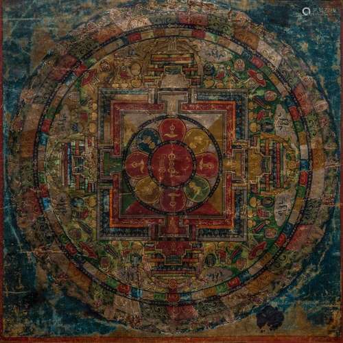 A TIBETAN FRAMED MANDALA THANGKA PAINTING, CIRCA 18TH CENTUR...