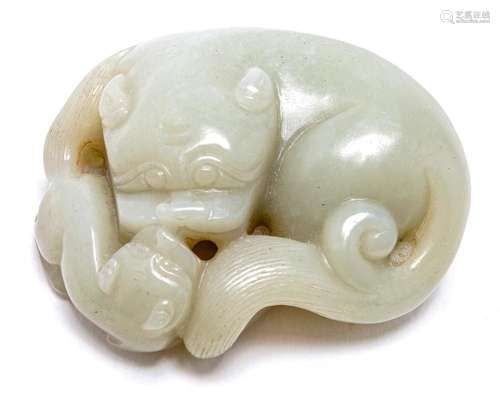 A CHINESE CELADON JADE CARVING OF A LION AND A CUB 6.6cm wid...