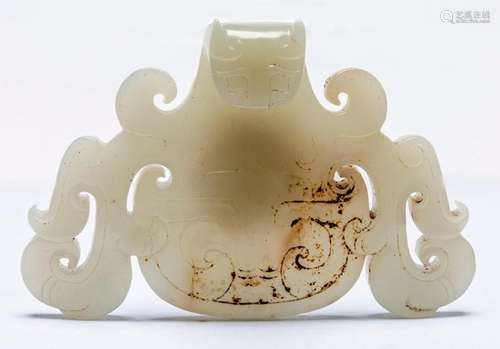 A CHINESE ARCHAISTIC WHITE JADE BELT HOOK, 20TH CENTURY 8.3c...