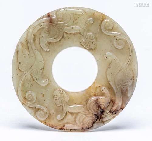 A CHINESE CARVED CHILONG JADE BI, MING DYNASTY (1368-1644) 1...