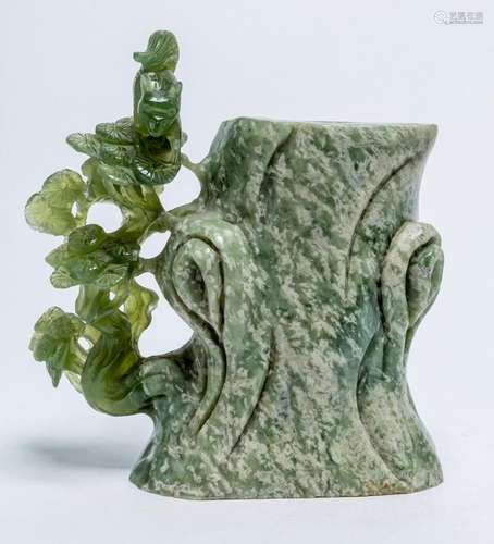 A CHINESE GREEN JADE BRUSH POT 13cm high