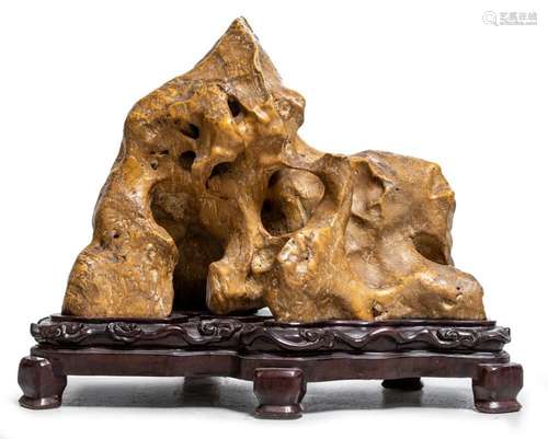 A CHINESE YELLOW TAIHU SCHOLAR ROCK 58.5 x 53.5cm (overall)