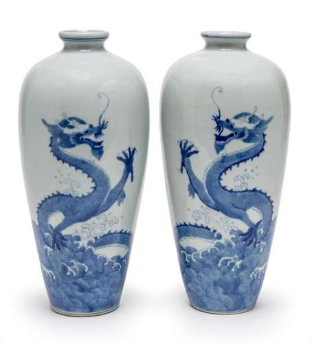 A PAIR OF CHINESE BLUE AND WHITE \"DRAGON\" VASES,...