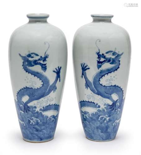 A PAIR OF CHINESE BLUE AND WHITE \"DRAGON\" VASES,...