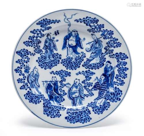 A CHINESE BLUE AND WHITE EIGHT IMMORTALS DISH, XUANDE MARK, ...