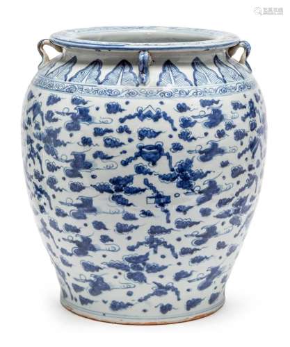 A CHINESE BLUE AND WHITE FOUR LUGS JAR, MING DYNASTY, 16TH C...
