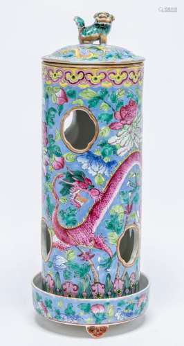 A CHINESE FAMILLE ROSE CYLINDRICAL VASE WITH STAND, LATE QIN...