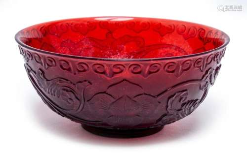 A CHINESE TRANSPARENT CARVED RUBY-RED GLASS BOWL \"LOTU...