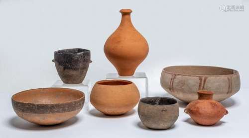 A GROUP OF SEVEN CHINESE POTTERY VESSELS, NEOLITHIC PERIOD/W...