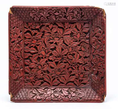 A CHINESE SQUARE CARVED CINNABAR LACQUER TRAY, LATE MING DYN...