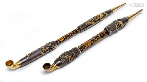 TWO JAPANESE LACQUER AND MIXED METAL OPIUM PIPES, MEIJI PERI...